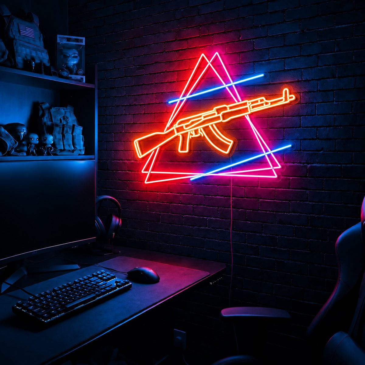 AK Double Triangle LED neon sign in the Solar Flare colorway, mounted on a brick wall in a gaming room