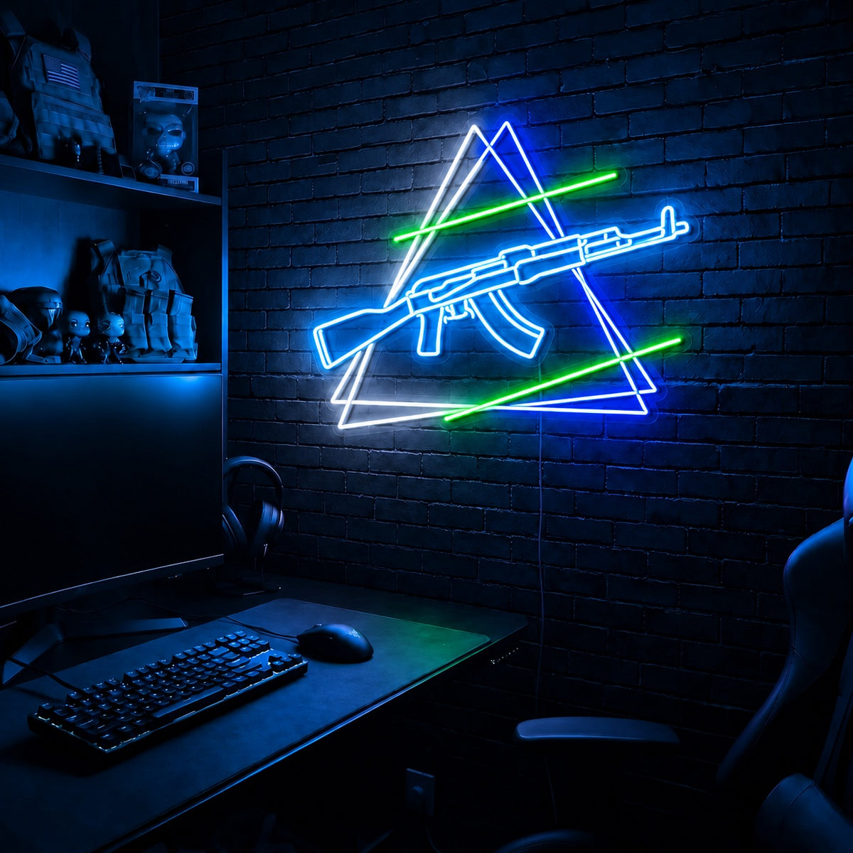 AK Double Triangle LED neon sign in the Arctic Voltage colorway, mounted on a brick wall in a gaming room