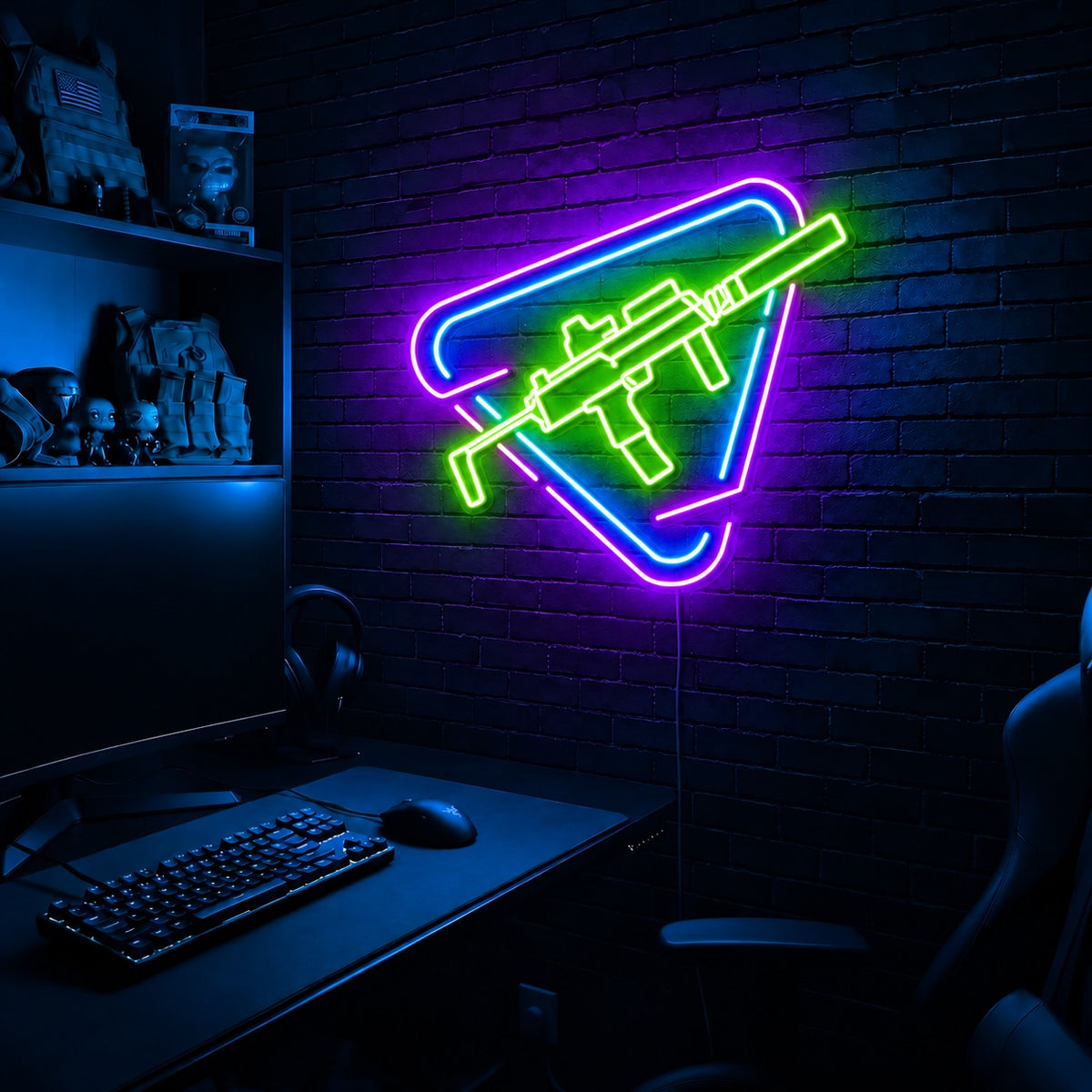 Rifle Rounded Triangle LED neon sign in the Toxic Circuit colorway, mounted on a brick wall in a gaming room