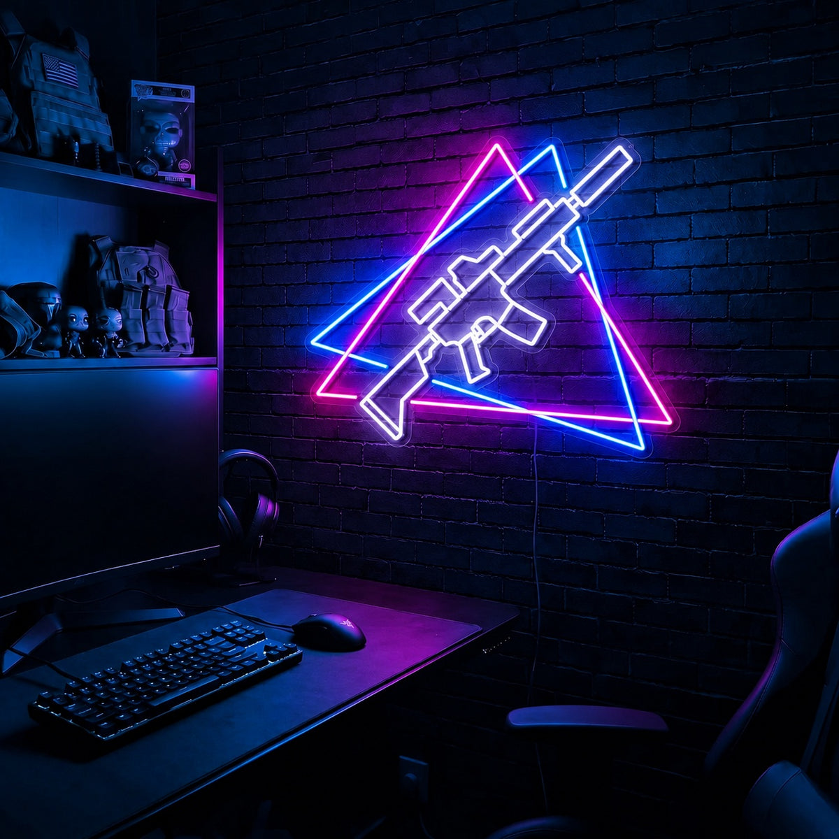 Rifle Offset Triangles LED neon sign in the Original colorway, mounted on a brick wall in a gaming room