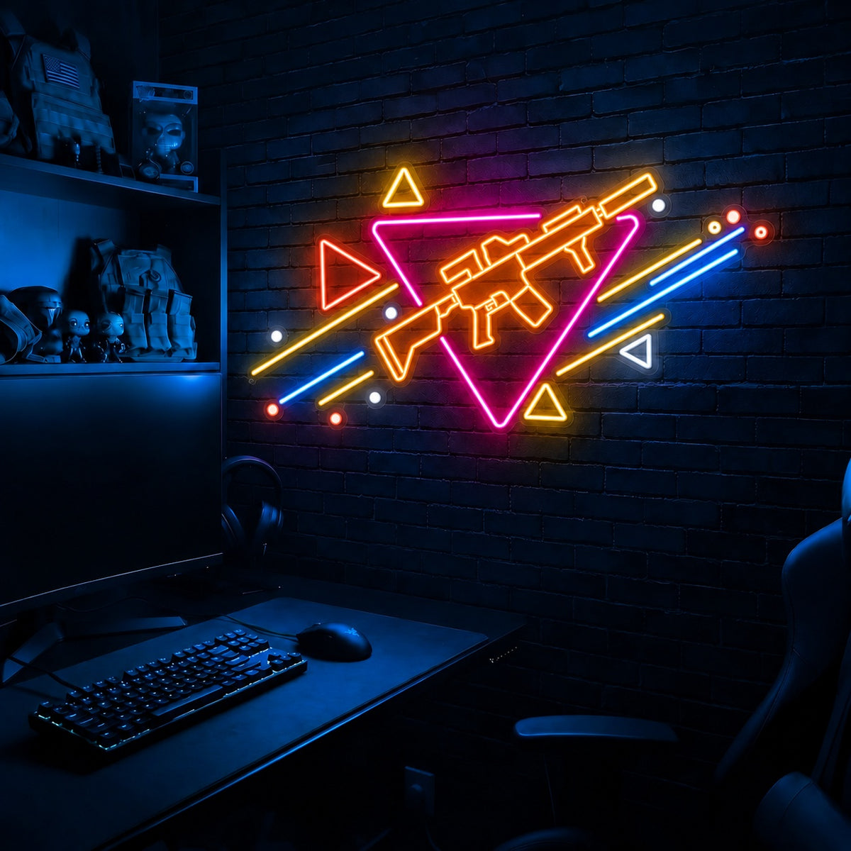 Rifle Memphis Triangle LED neon sign in the Solar Flare colorway, mounted on a brick wall in a gaming room