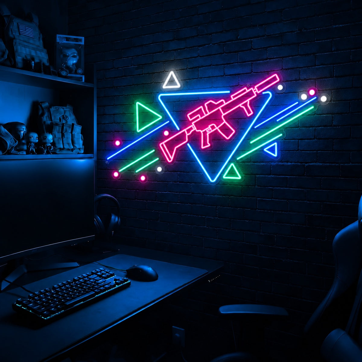 Rifle Memphis Triangle LED neon sign in the Arctic Voltage colorway, mounted on a brick wall in a gaming room