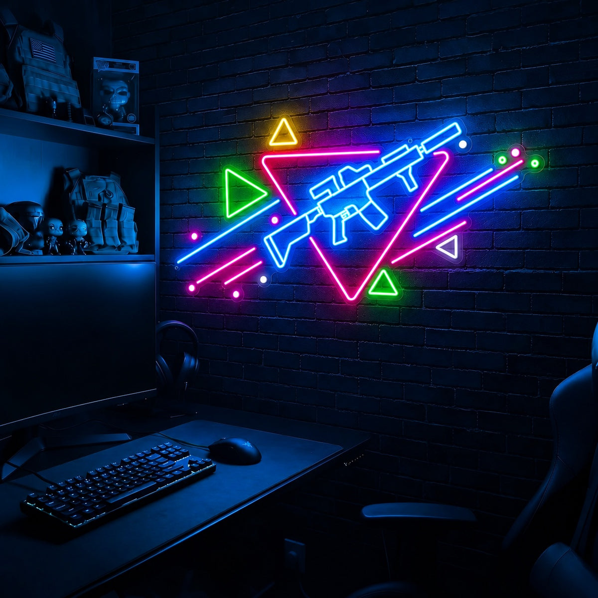 Rifle Memphis Triangle LED neon sign in the Original colorway, mounted on a brick wall in a gaming room