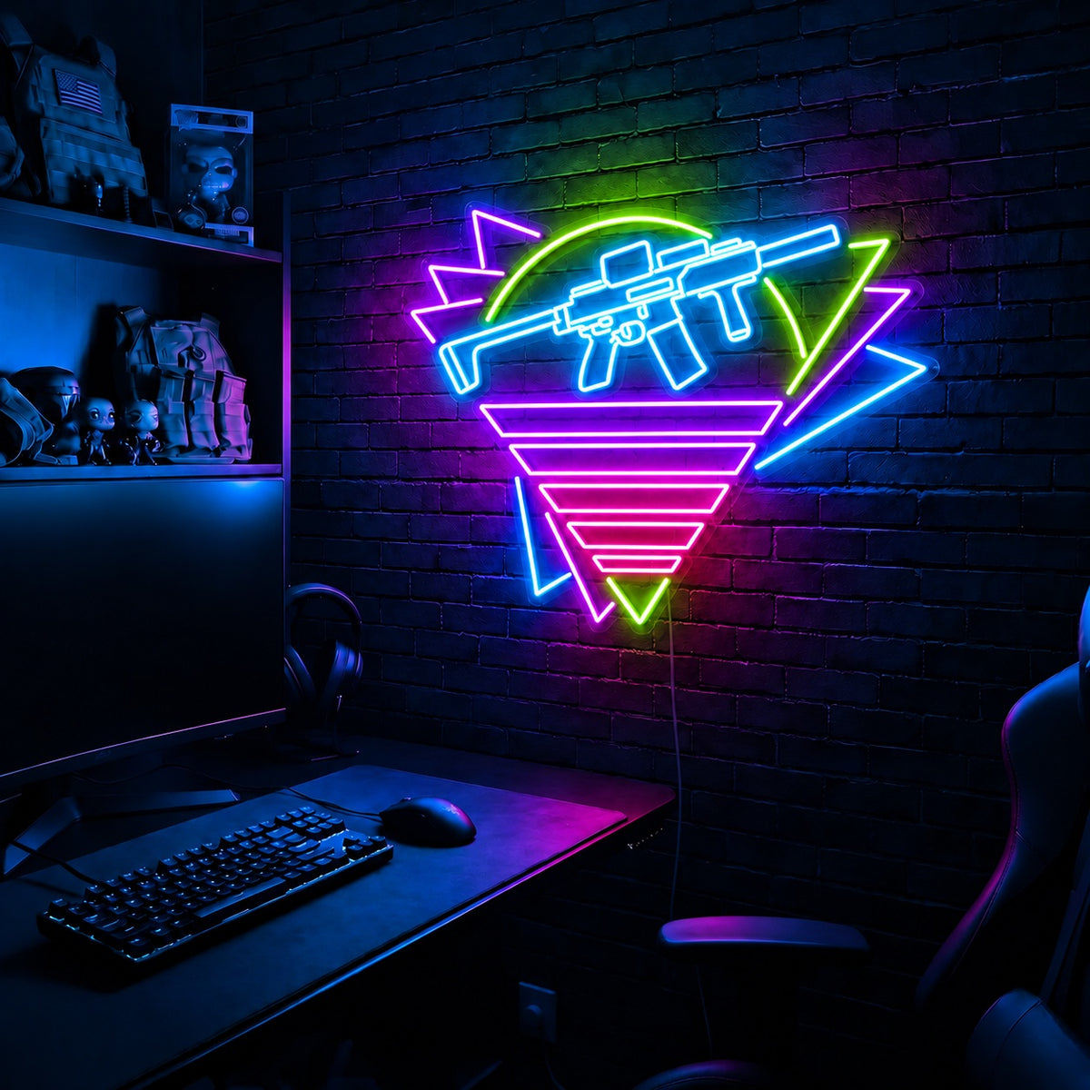 Rifle Retro Sunset Triangle LED neon sign in the Toxic Circuit colorway, mounted on a brick wall in a gaming room
