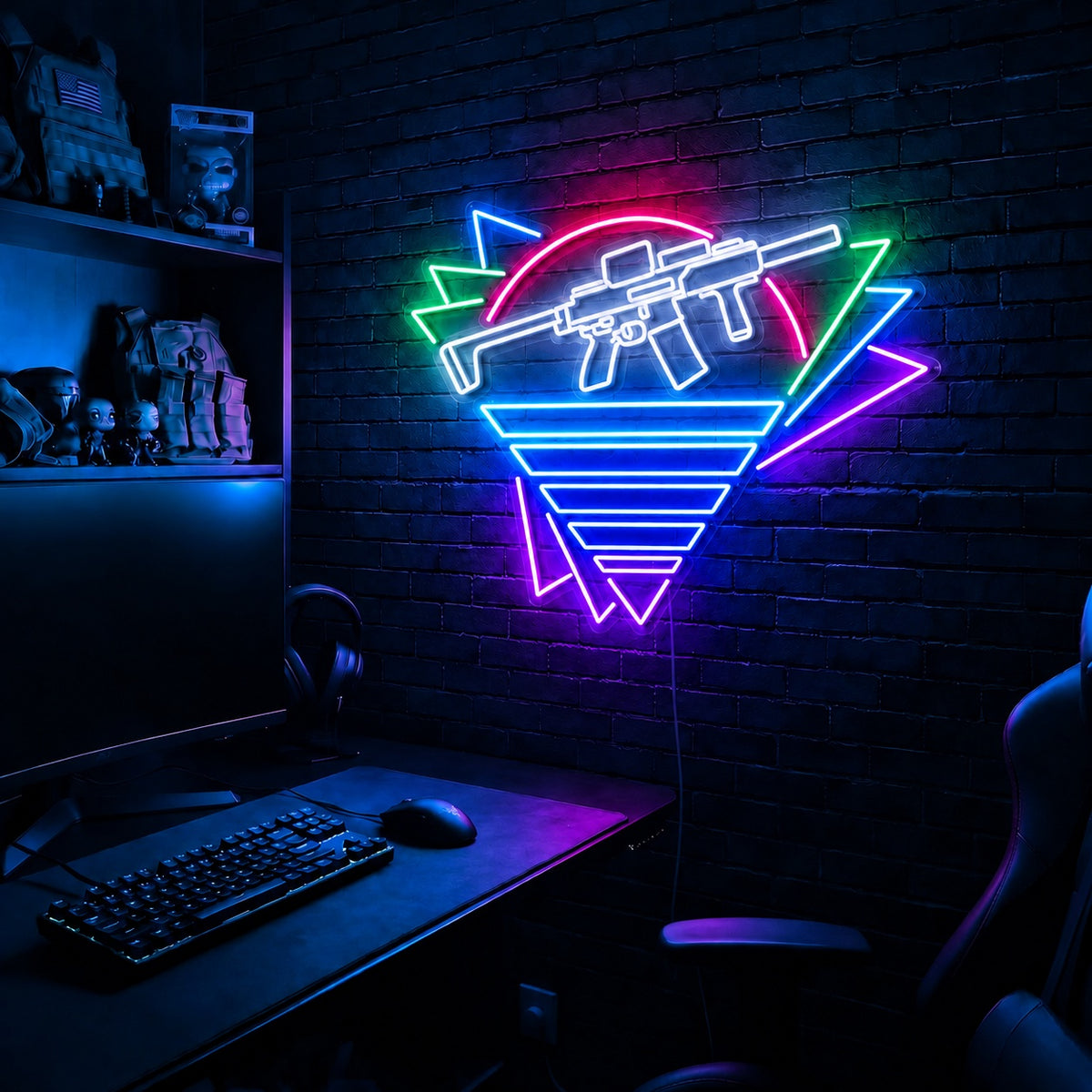 Rifle Retro Sunset Triangle LED neon sign in the Arctic Voltage colorway, mounted on a brick wall in a gaming room