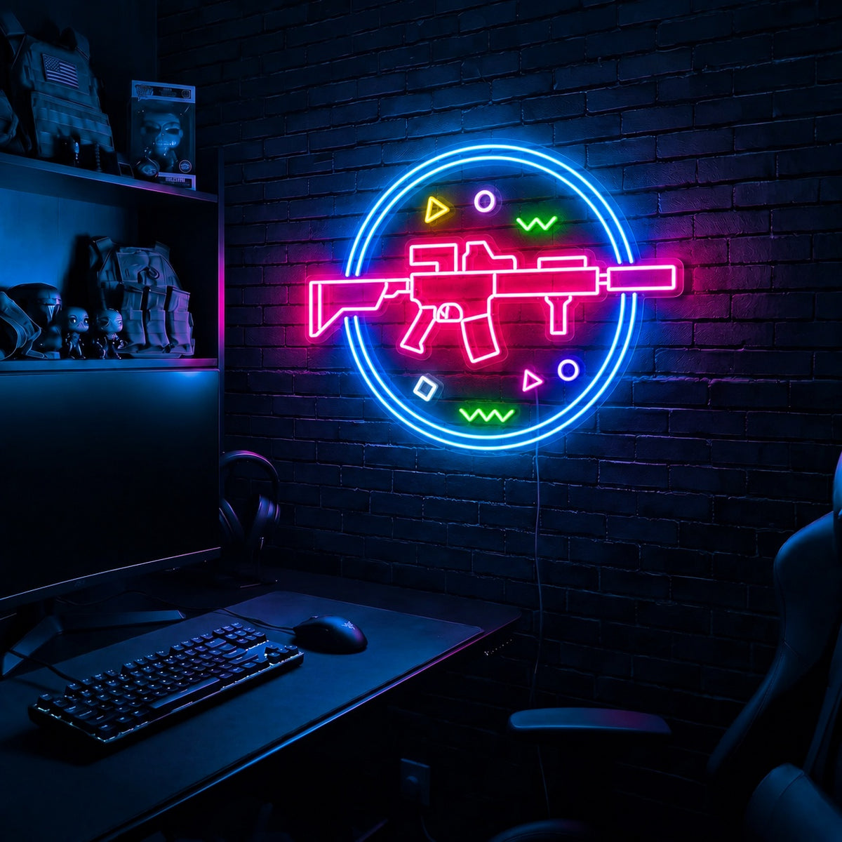 Rifle Circle Confetti LED neon sign in the Original colorway, mounted on a brick wall in a gaming room