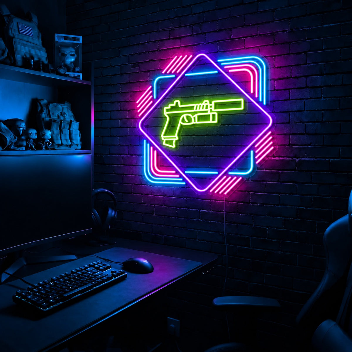 Pistol Diamond Frame LED neon sign in the Toxic Circuit colorway, mounted on a brick wall in a gaming room