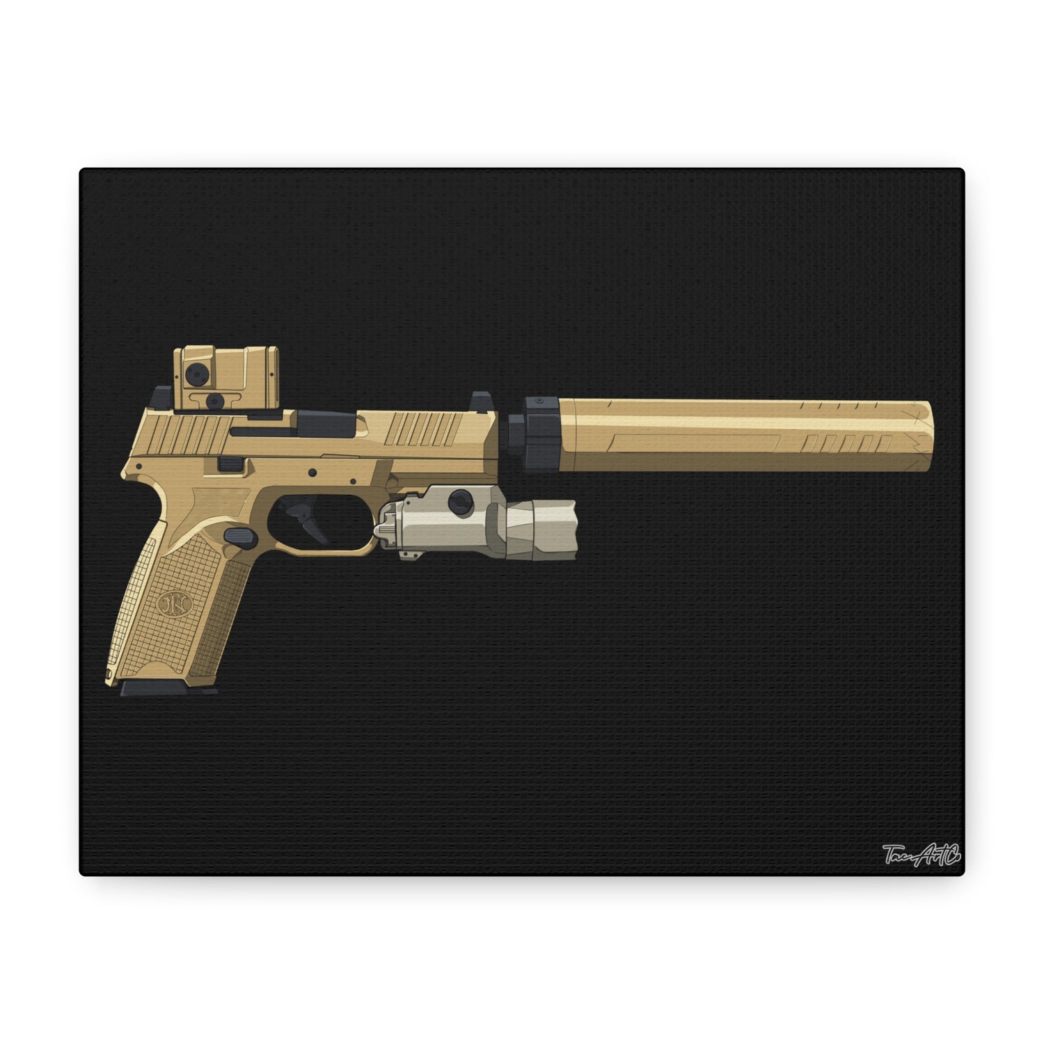 FN 509 Tactical – Suppressed Pistol Canvas Print (Black Background)
