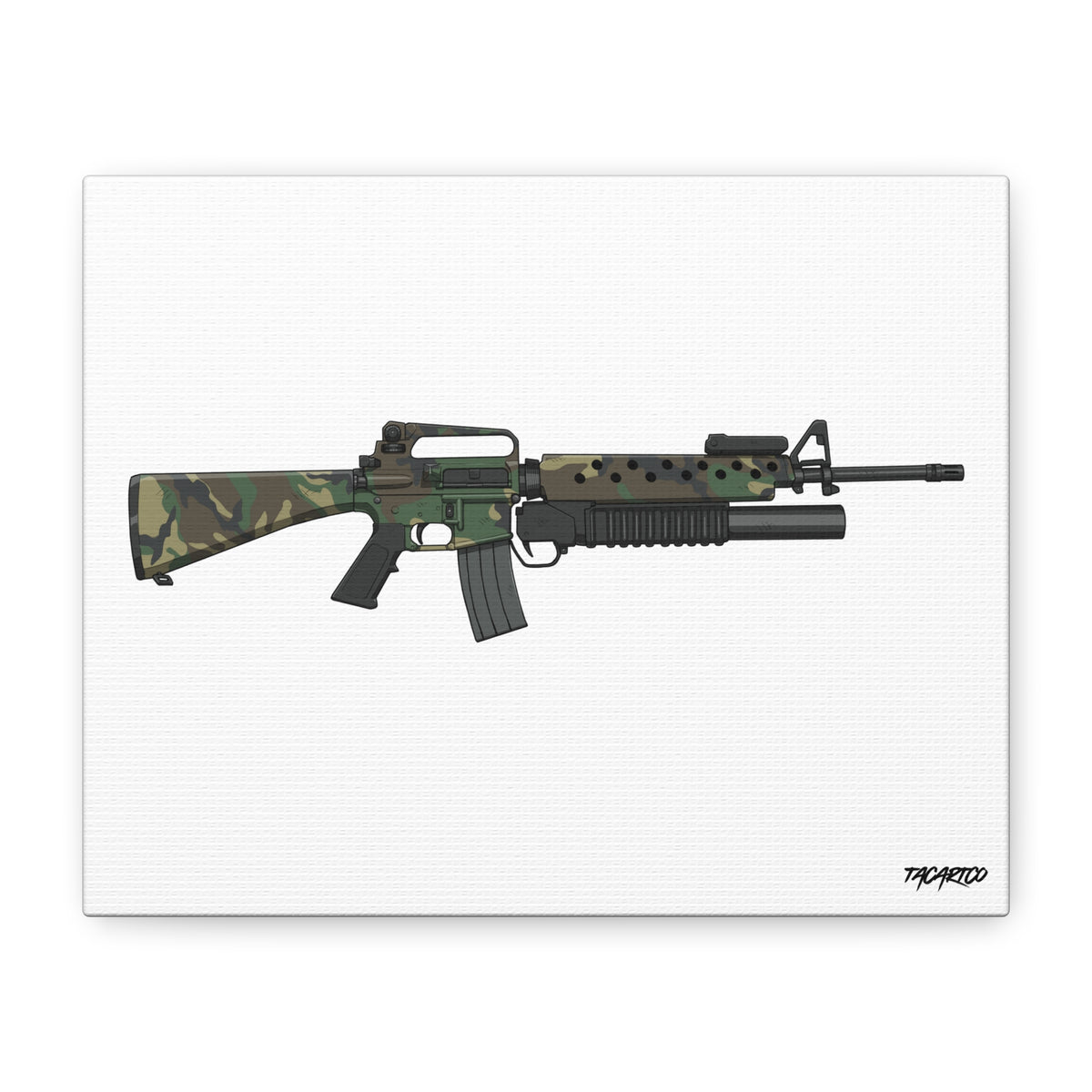 M16A2 + M203 Woodland - Canvas Print (White Background)