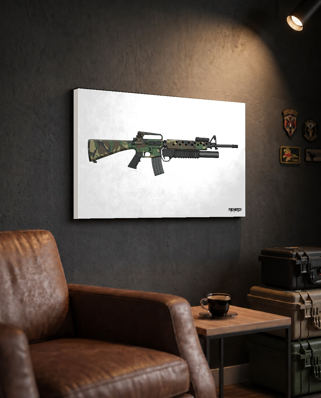 M16A2 + M203 Woodland - Canvas Print (White Background) — TacArtCo lifestyle mockup