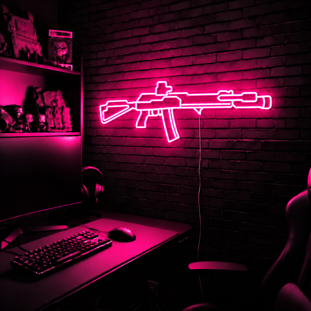 AK v6 LED neon sign in Pink on a clear backerboard in the TacArtCo gaming room