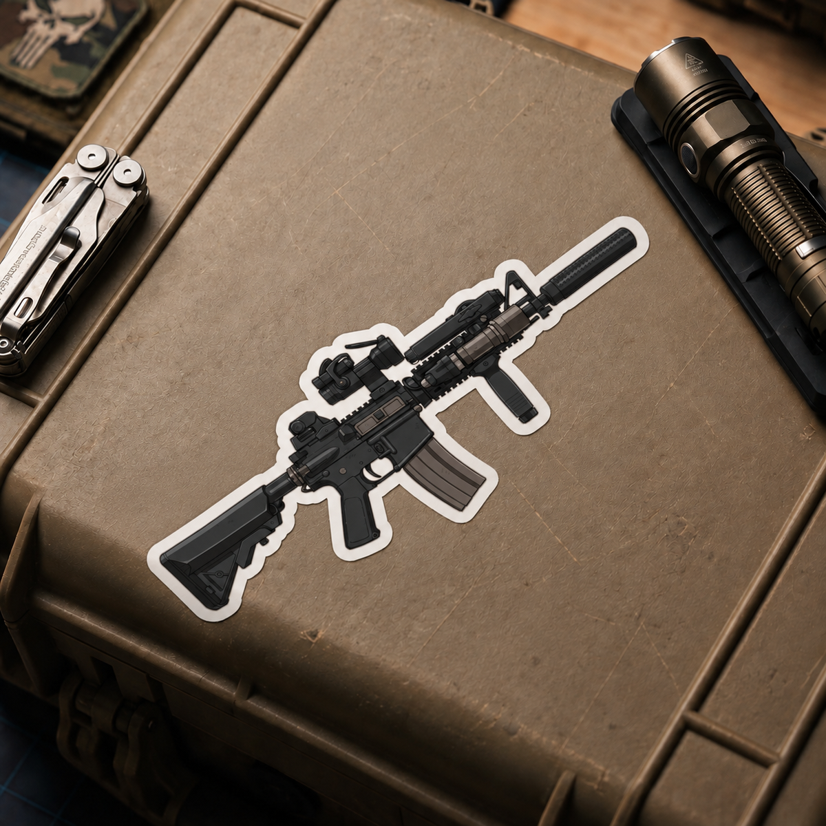MK18 Mod 0 vinyl sticker displayed on a tan equipment case