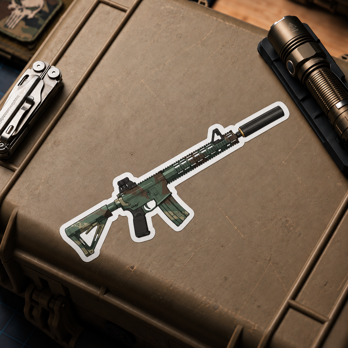 AR15 Custom v1 vinyl sticker displayed on a tan equipment case