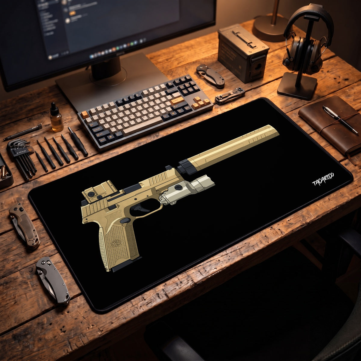 FN 509 Tactical - Desk Mat in a collector workspace; display props not included