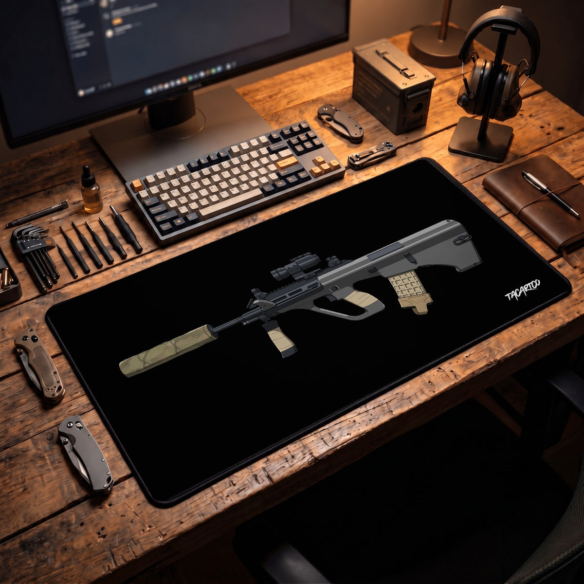 Steyr AUG - Desk Mat in a collector workspace; display props not included