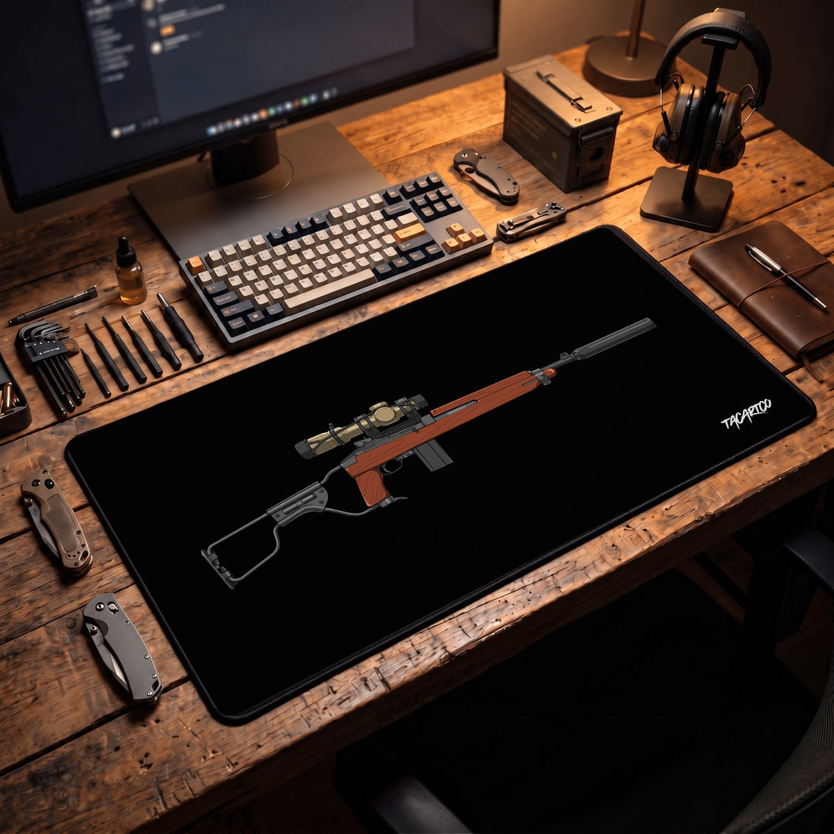 Modernized M1 Carbine - Desk Mat displayed in the approved TacArtCo lifestyle scene; props not included.