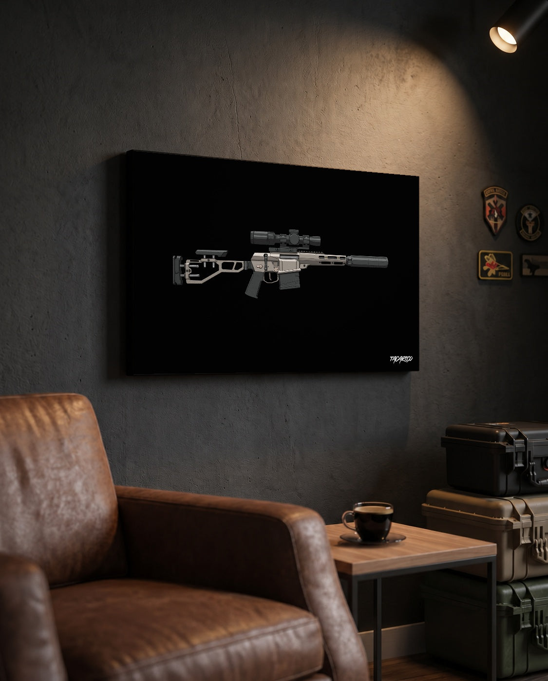The Fix by Q - Canvas Print (Black Background) displayed in the approved TacArtCo lifestyle scene; props not included.