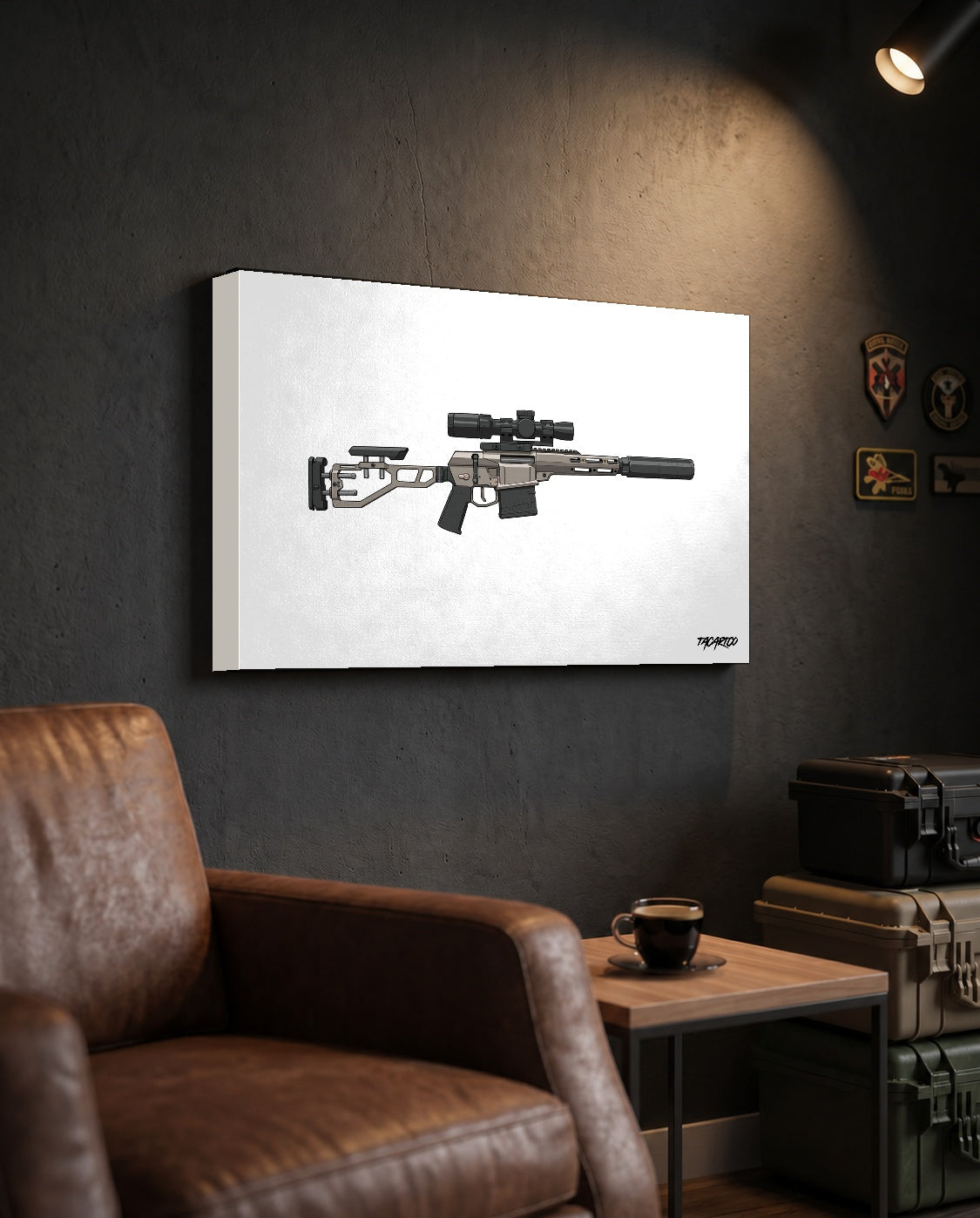 The Fix by Q - Canvas Print (White Background) displayed in the approved TacArtCo lifestyle scene; props not included.