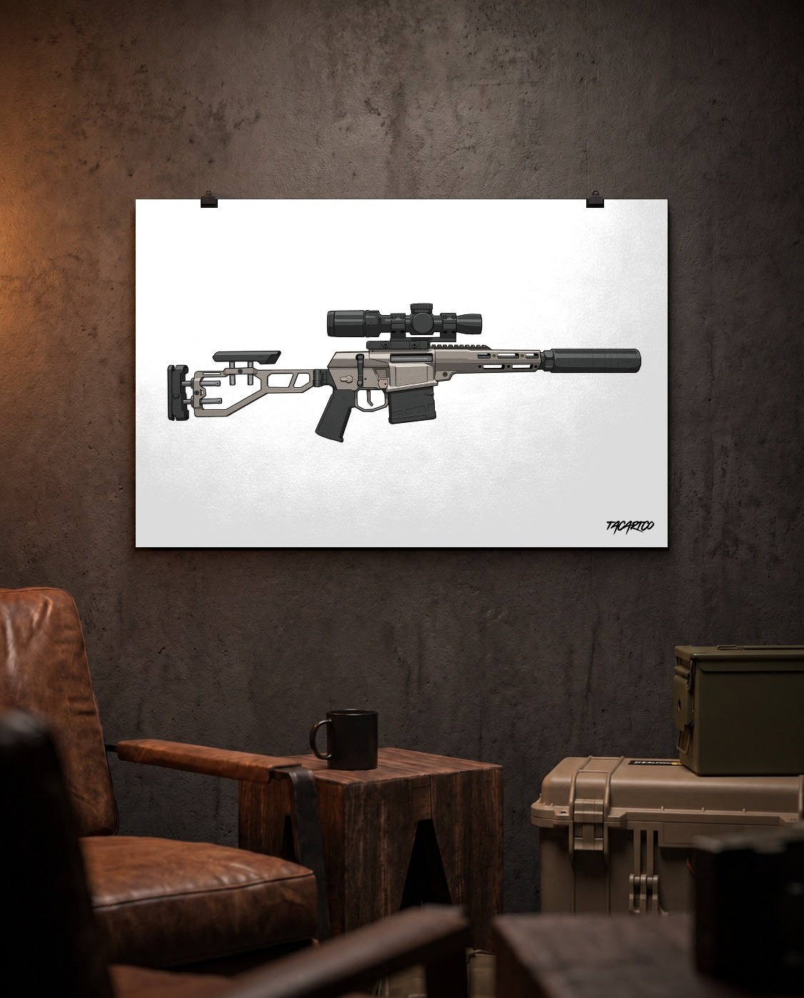 The Fix by Q - Matte Poster (White Background) displayed in the approved TacArtCo lifestyle scene; props not included.