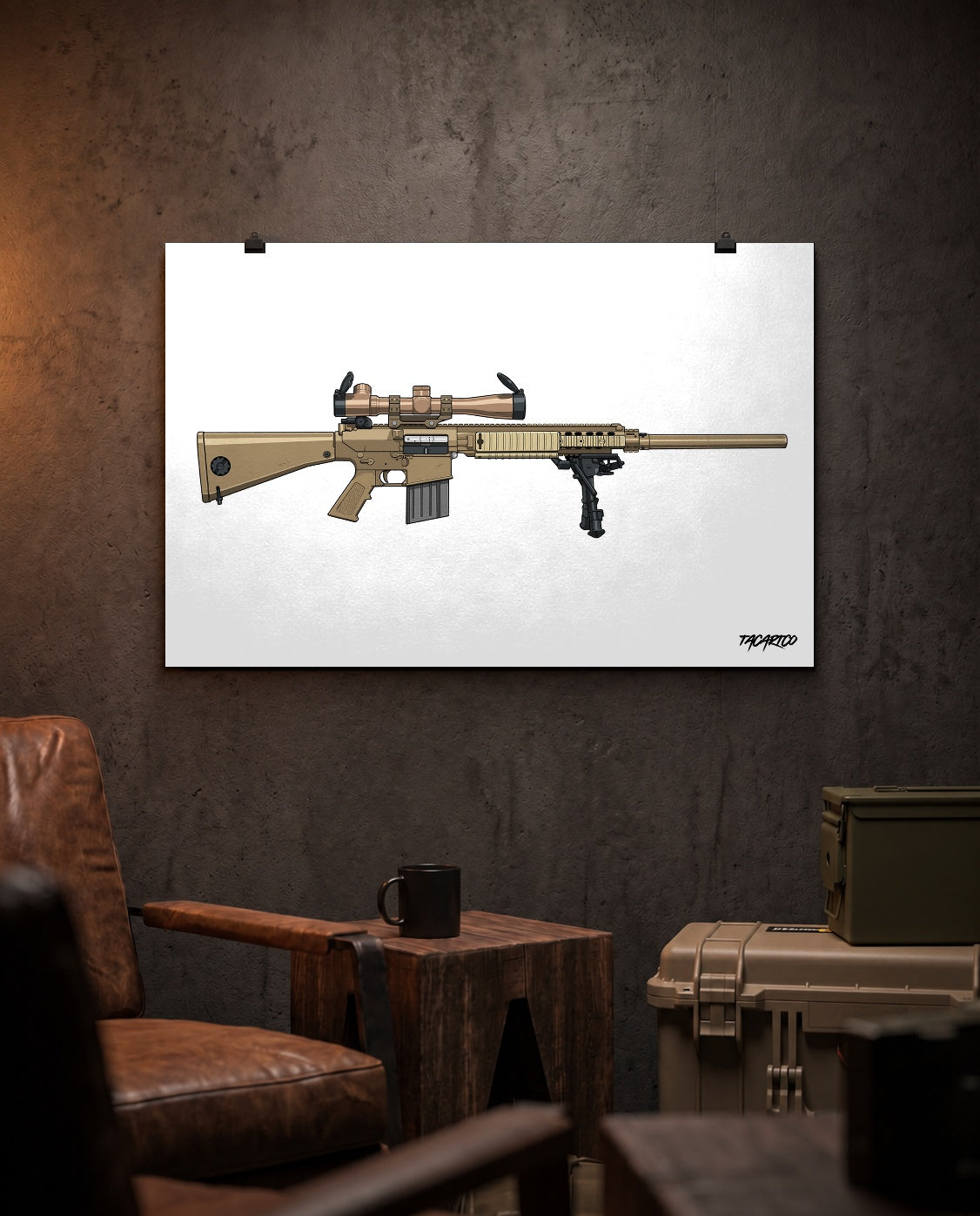 M110 SASS - Matte Poster (White Background) in the approved TacArtCo lifestyle scene; room accessories not included.