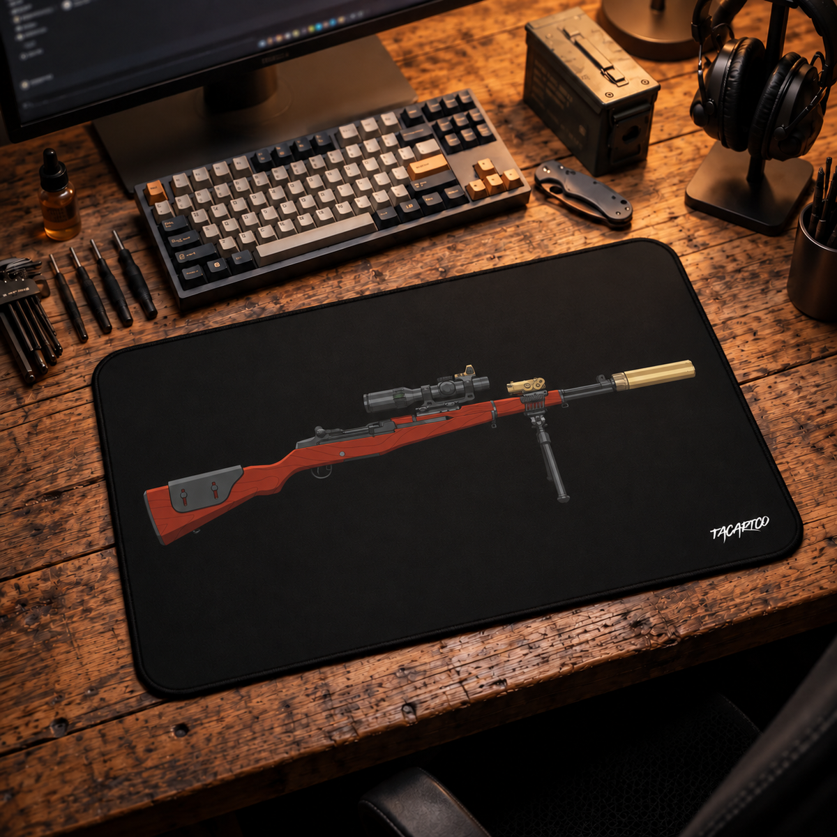 Modernized M1 Garand desk mat on a wood workbench with a keyboard and headphones