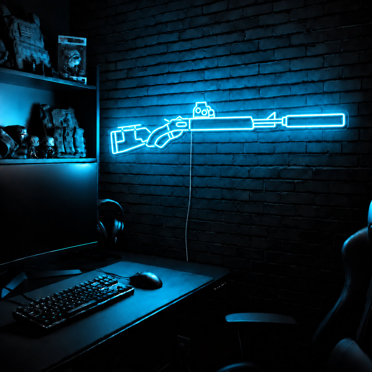 Suppressed Lever Gun LED neon sign in Ice Blue on a clear backerboard in the TacArtCo gaming room