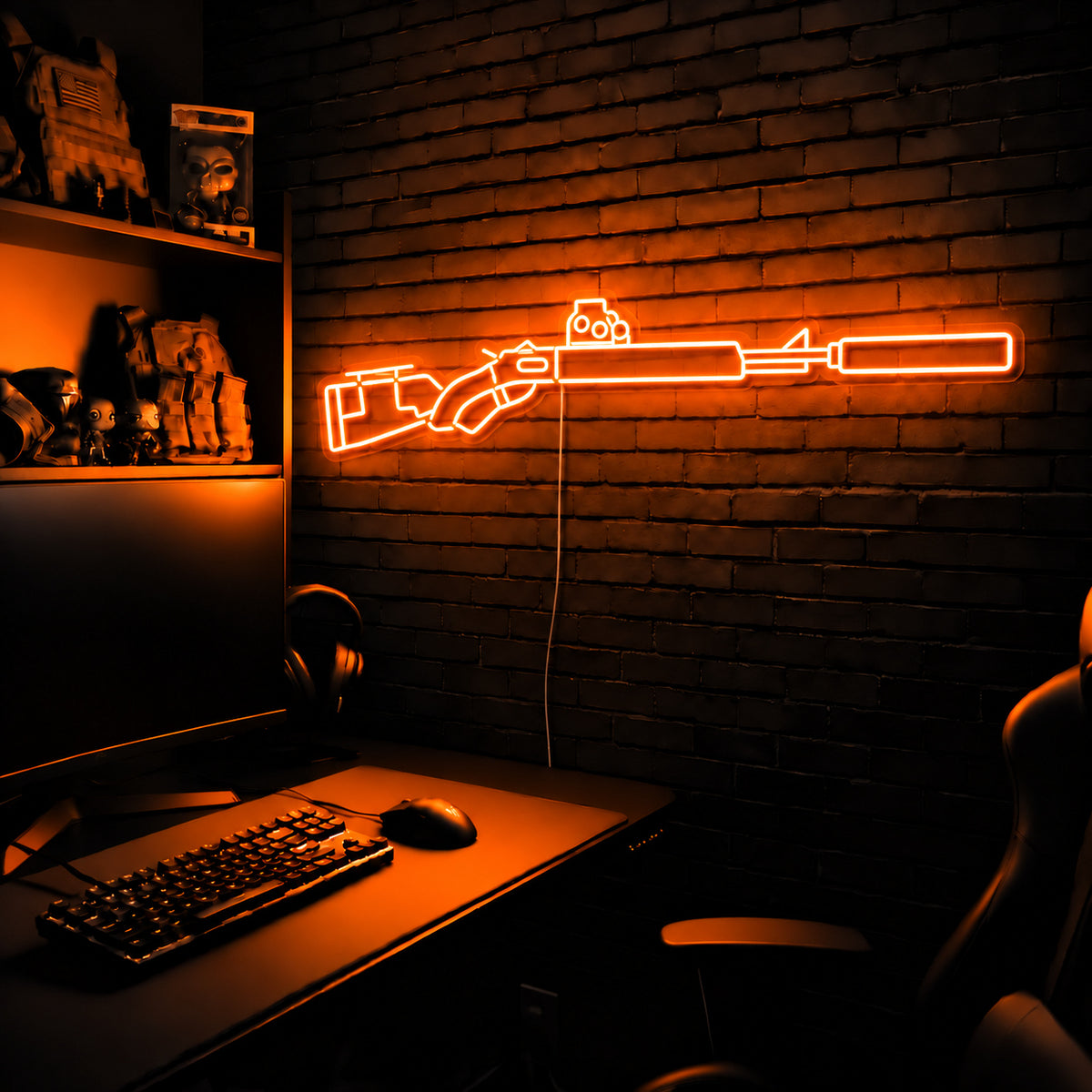 Suppressed Lever Gun LED neon sign in Orange on a clear backerboard in the TacArtCo gaming room