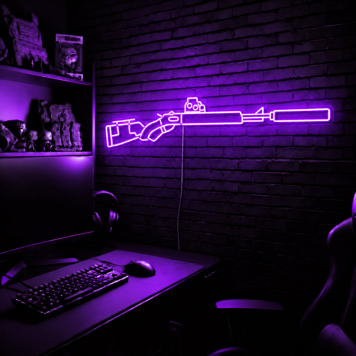 Suppressed Lever Gun LED neon sign in Purple on a clear backerboard in the TacArtCo gaming room