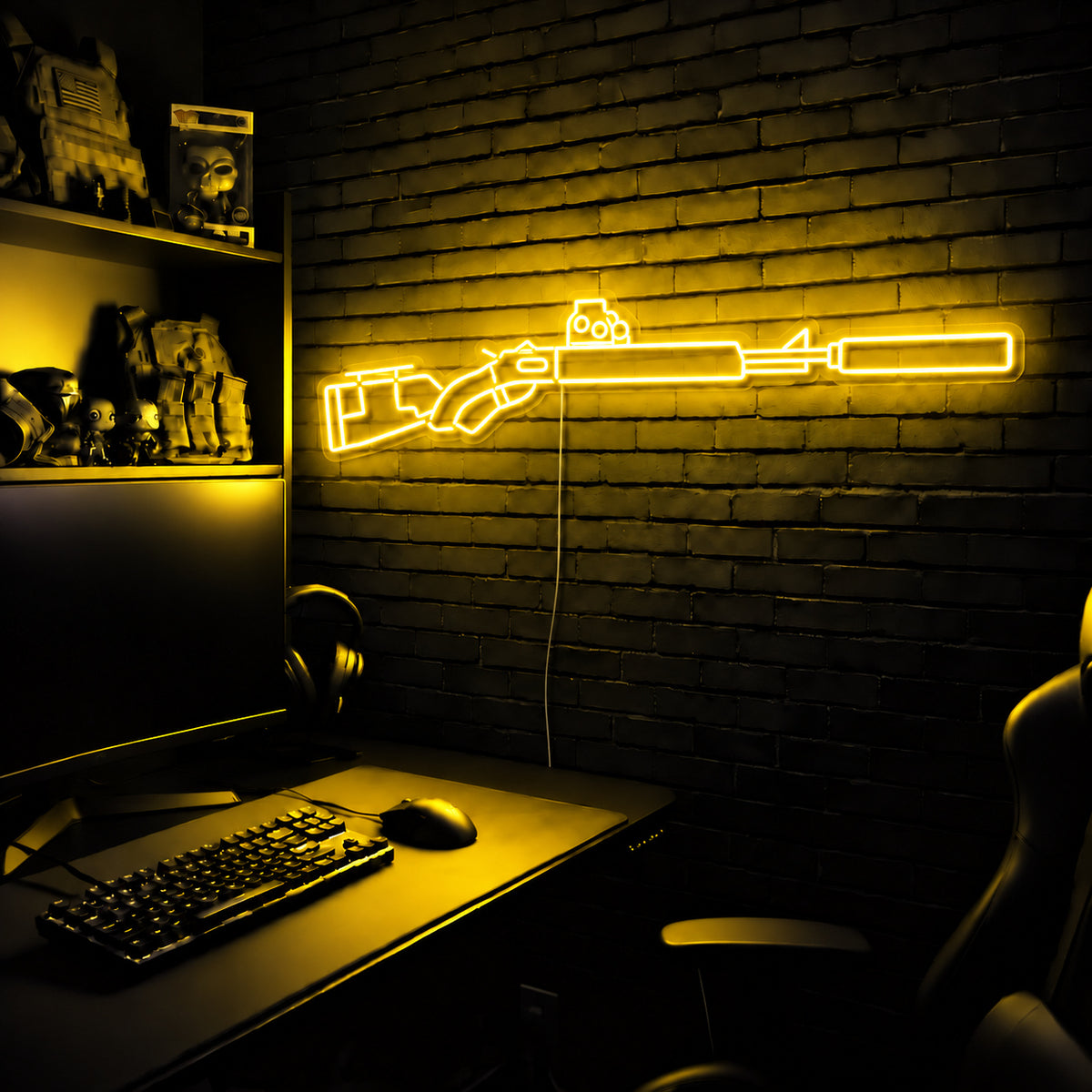 Suppressed Lever Gun LED neon sign in Yellow on a clear backerboard in the TacArtCo gaming room