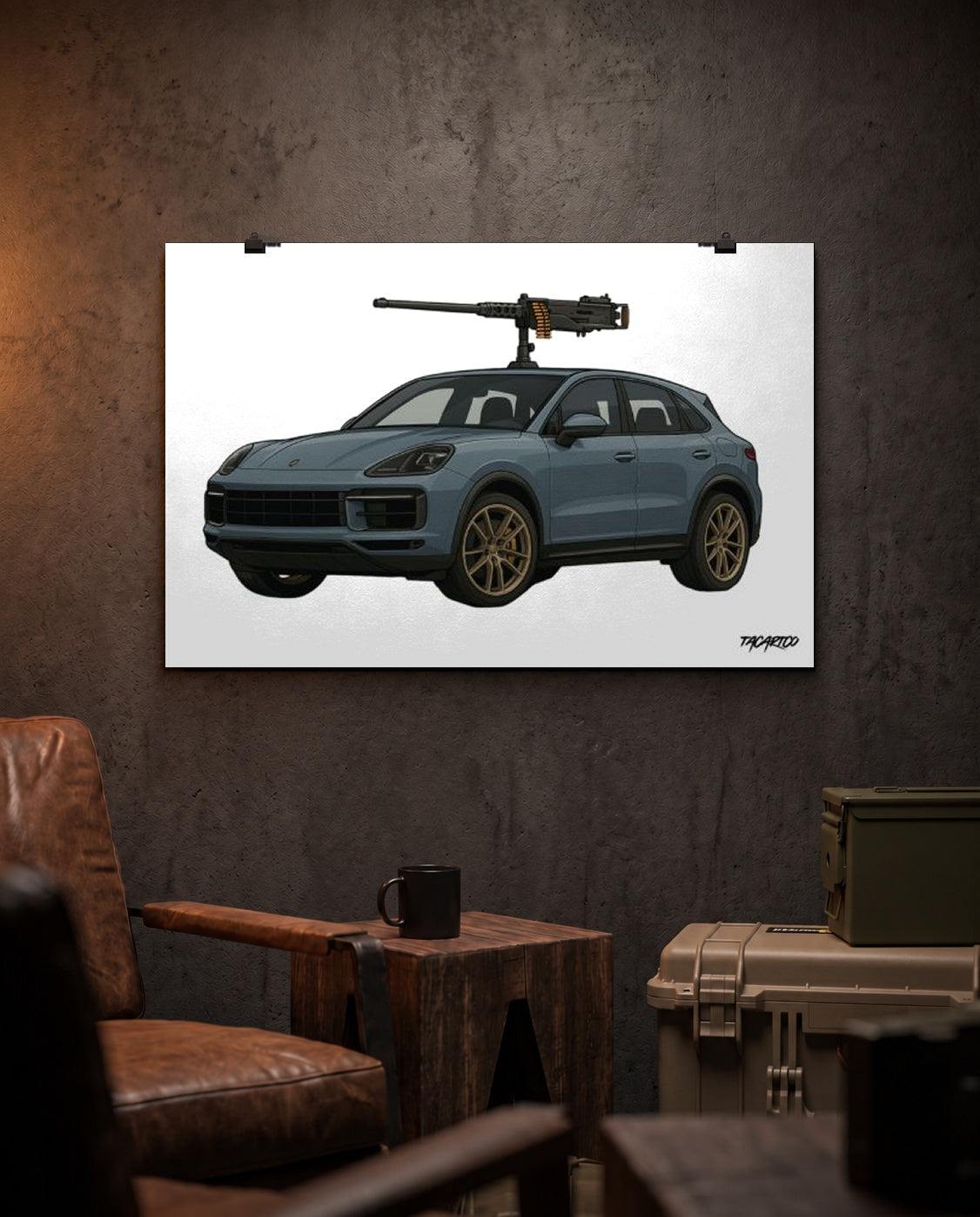 Porsche Cayenne Technical - Matte Poster in the TacArtCo collector lounge scene