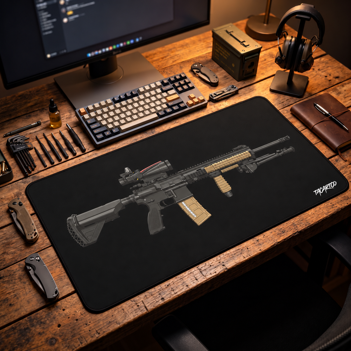M27 IAR desk mat with the current TacArtCo logo in its approved lifestyle setting.