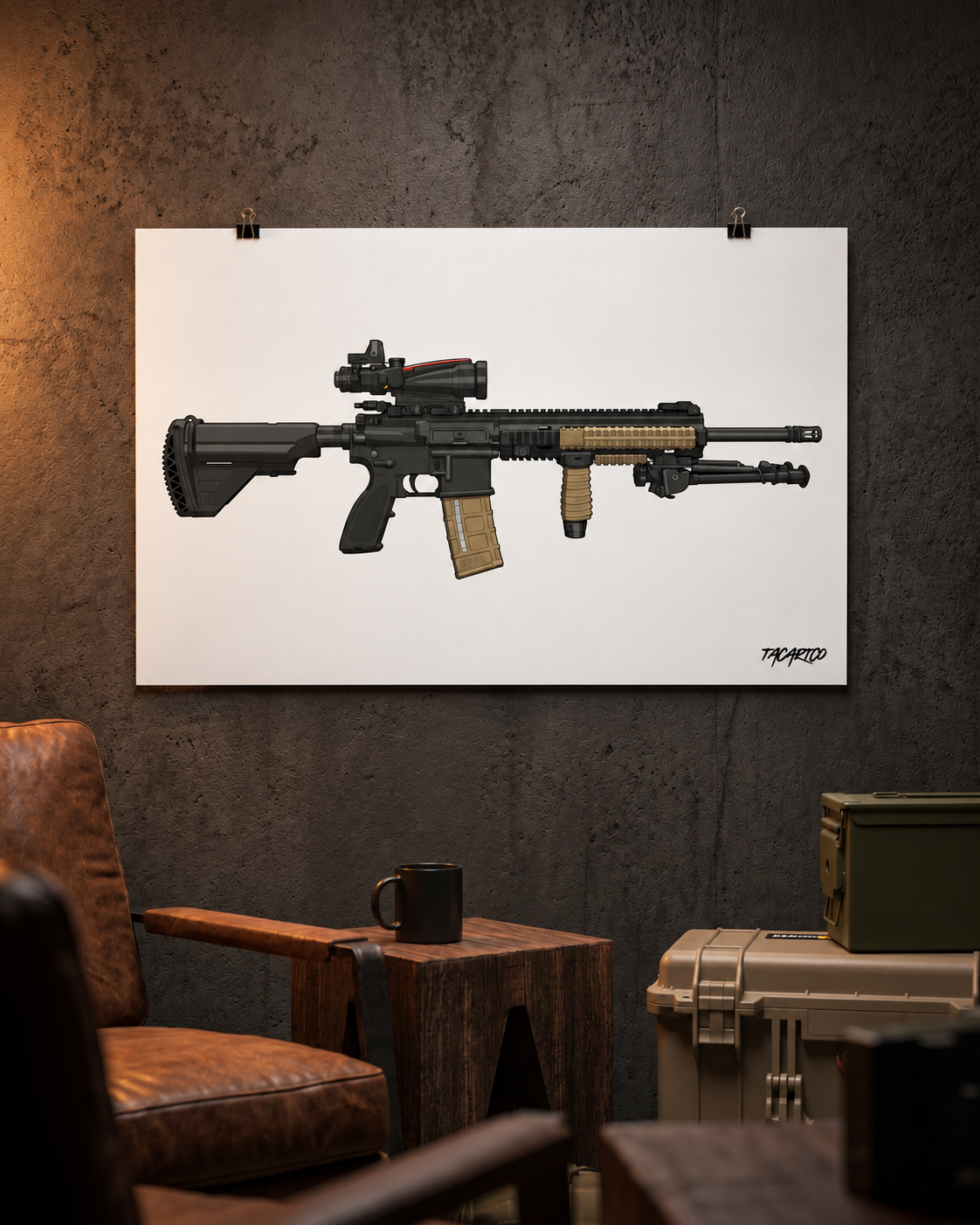 M27 IAR white matte poster with the current TacArtCo logo, displayed on a charcoal wall.