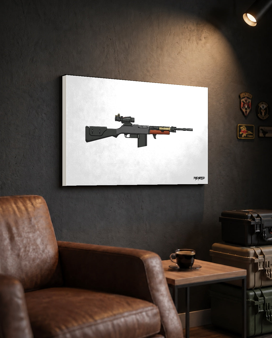 Modernized BAR - Canvas Print (White Background) in the approved TacArtCo lifestyle scene, showing the slimmer 1.25-inch canvas wrap; room accessories not included.