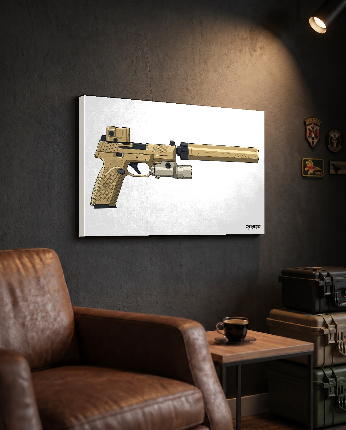 FN 509 Tactical - Canvas Print (White Background) in the approved TacArtCo lifestyle scene, showing the slimmer 1.25-inch canvas wrap; room accessories not included.