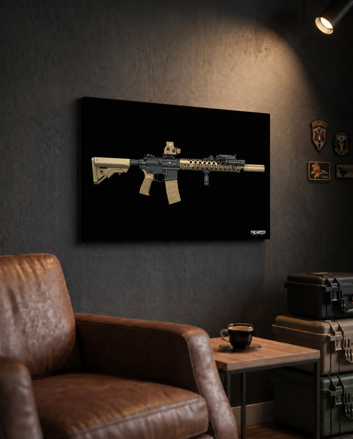 M4A1 Block II - Canvas Print (Black Background) in the approved TacArtCo lifestyle scene, showing the slimmer 1.25-inch canvas wrap; room accessories not included.