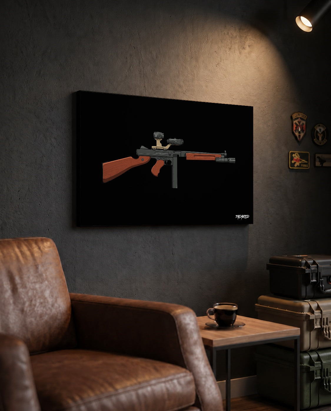 Modernized Thompson - Canvas Print (Black Background) in the approved TacArtCo lifestyle scene, showing the slimmer 1.25-inch canvas wrap; room accessories not included.