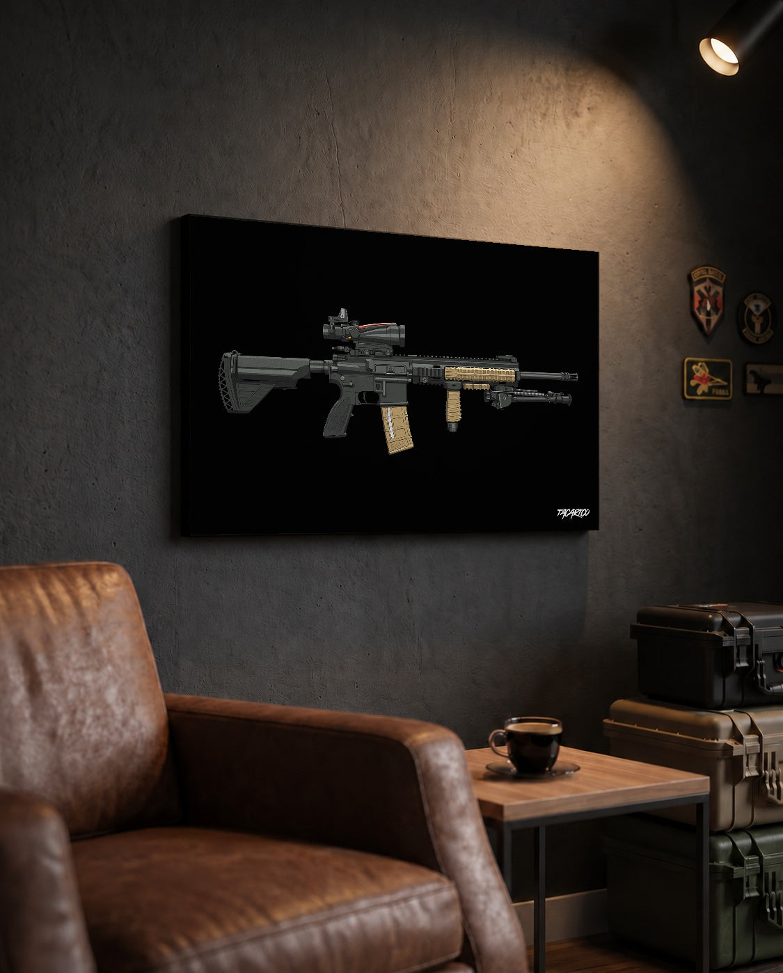 M27 IAR - Canvas Print (Black Background) in the approved TacArtCo lifestyle scene, showing the slimmer 1.25-inch canvas wrap; room accessories not included.