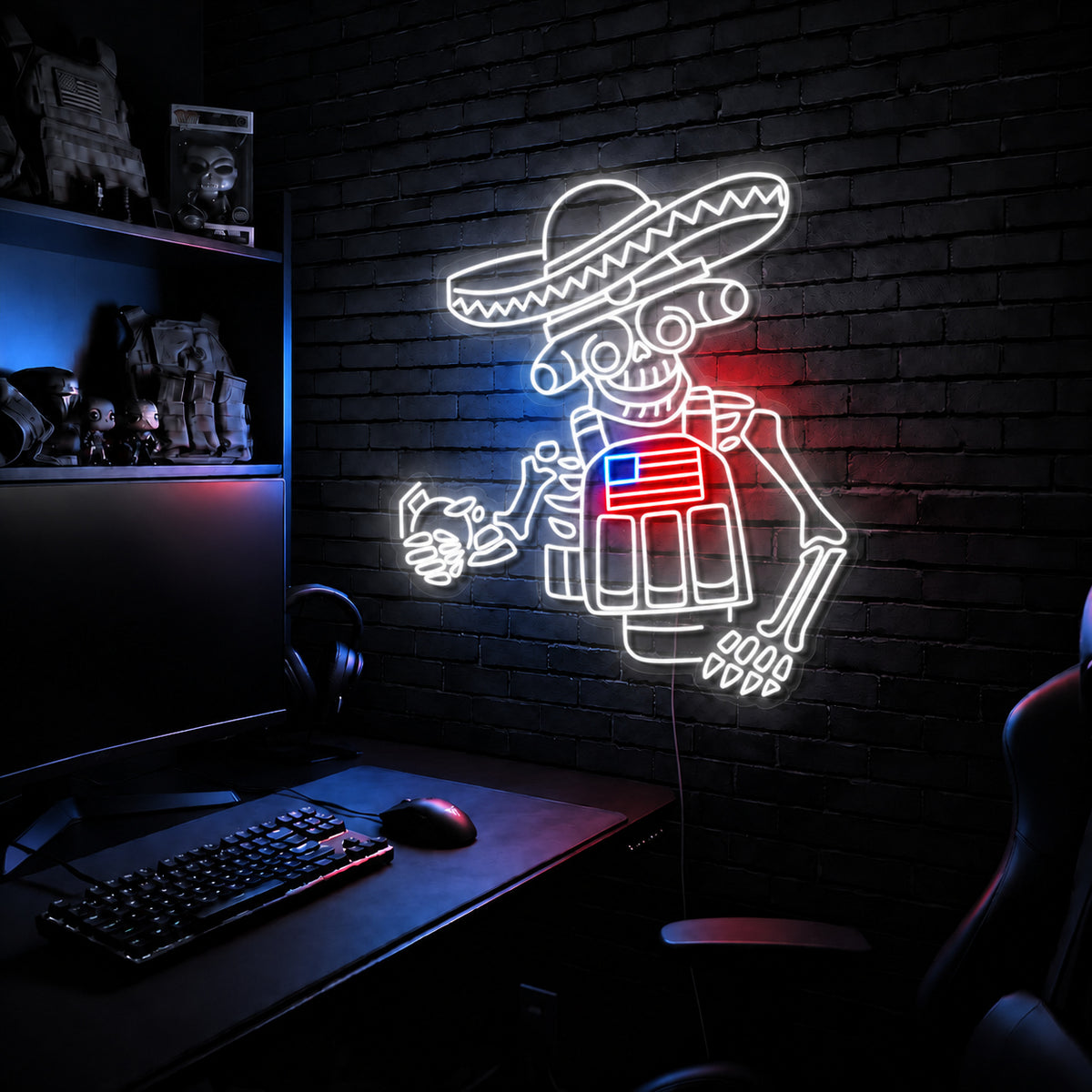Sombrero Skeleton Premium LED neon sign - White + Flag