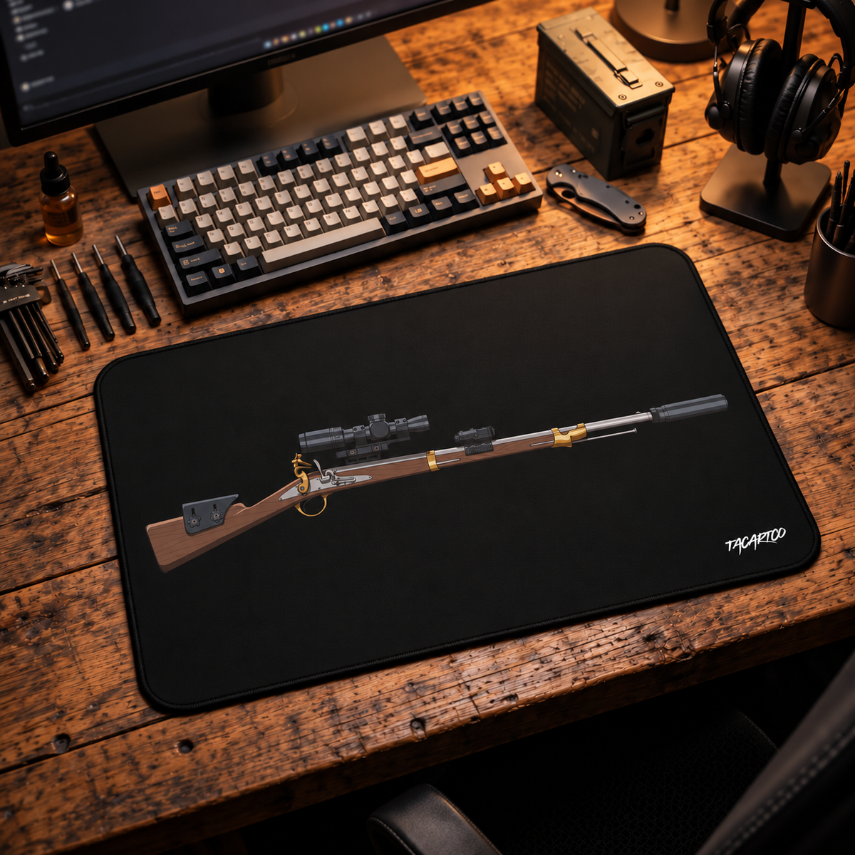 Tactical Flintlock desk mat on a wood workbench with a keyboard and headphones