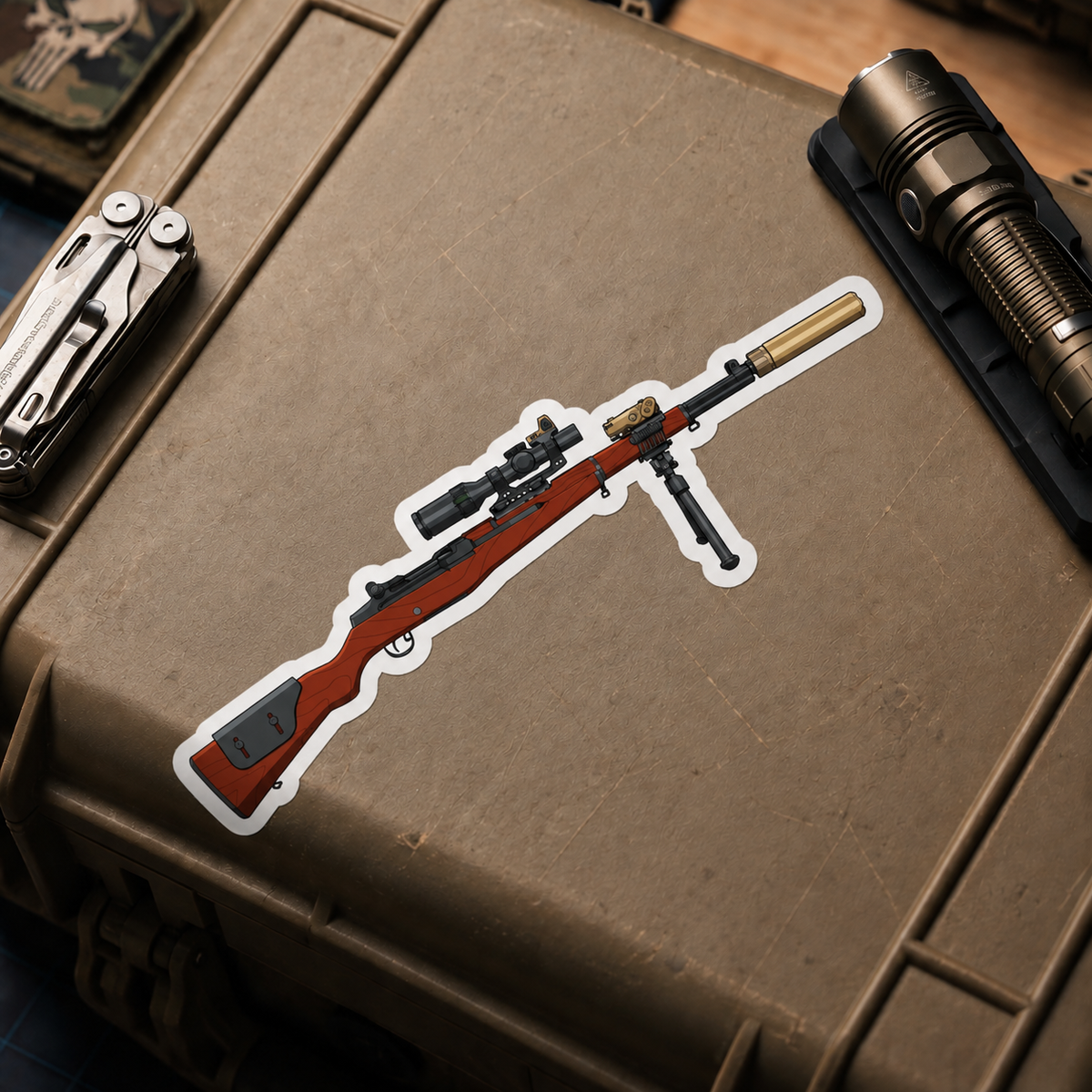 Tactical M1 Garand vinyl sticker displayed on a tan equipment case