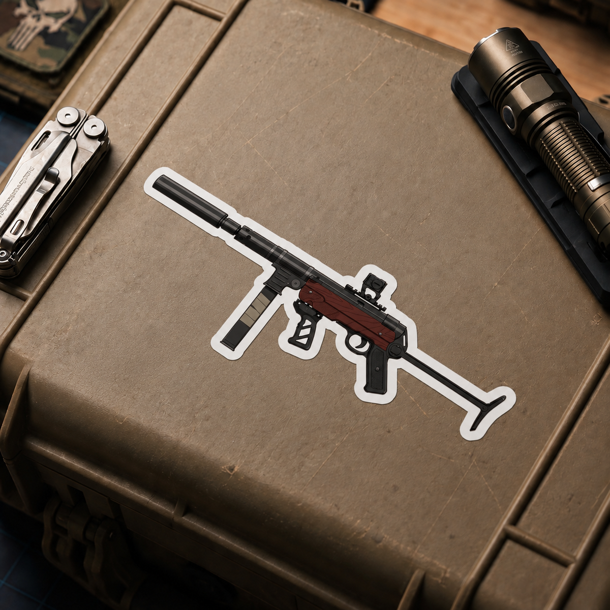 Tactical MP40 vinyl sticker displayed on a tan equipment case
