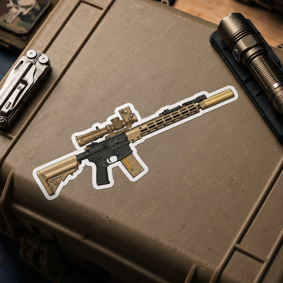 URGI rifle vinyl sticker with white border displayed on a tan equipment case