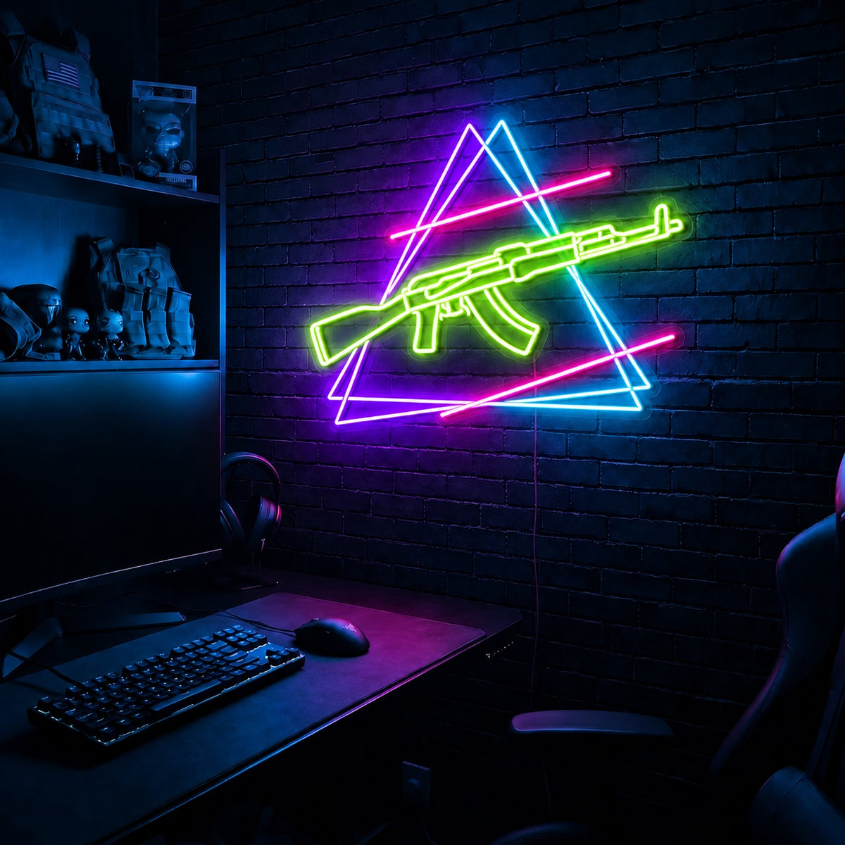 AK Double Triangle LED neon sign in the Toxic Circuit colorway, mounted on a brick wall in a gaming room