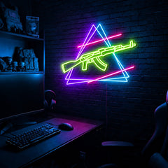 AK Double Triangle LED neon sign in the Toxic Circuit colorway, mounted on a brick wall in a gaming room