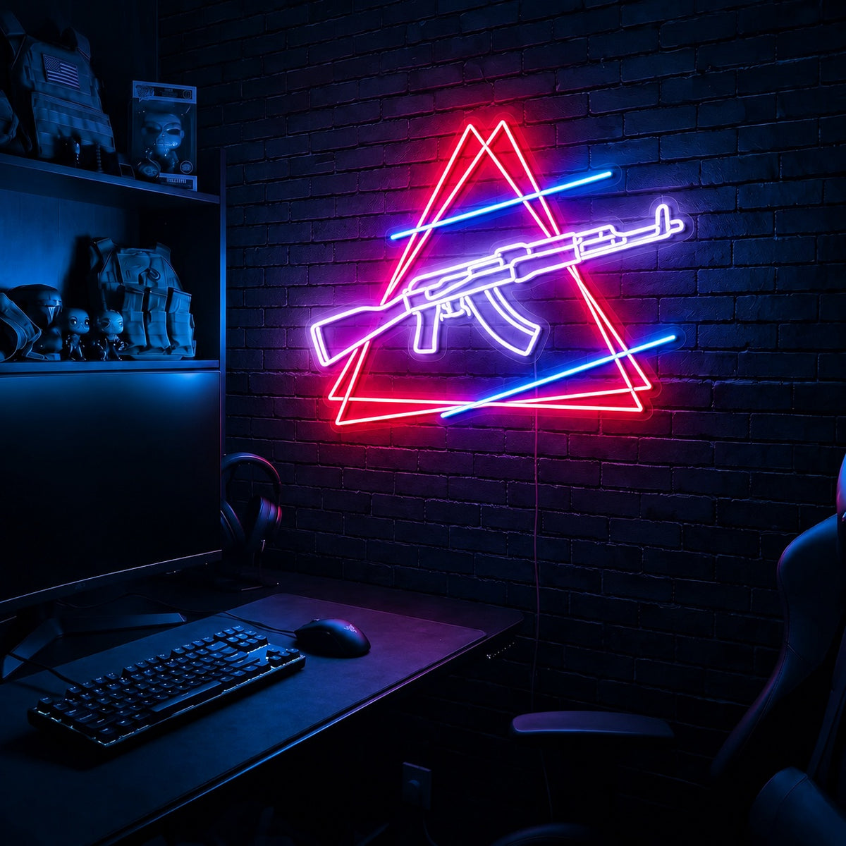 AK Double Triangle LED neon sign in the Original colorway, mounted on a brick wall in a gaming room