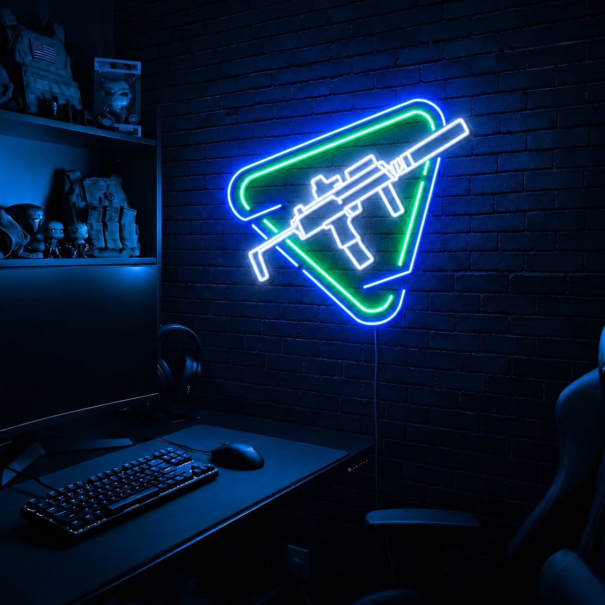 Rifle Rounded Triangle LED neon sign in the Arctic Voltage colorway, mounted on a brick wall in a gaming room