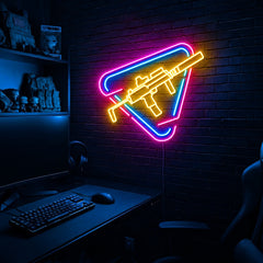 Rifle Rounded Triangle LED neon sign in the Original colorway, mounted on a brick wall in a gaming room