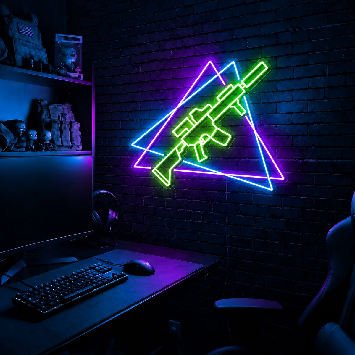 Rifle Offset Triangles LED neon sign in the Toxic Circuit colorway, mounted on a brick wall in a gaming room