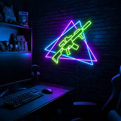 Rifle Offset Triangles LED neon sign in the Toxic Circuit colorway, mounted on a brick wall in a gaming room
