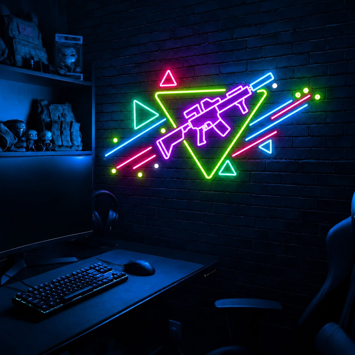 Rifle Memphis Triangle LED neon sign in the Toxic Circuit colorway, mounted on a brick wall in a gaming room